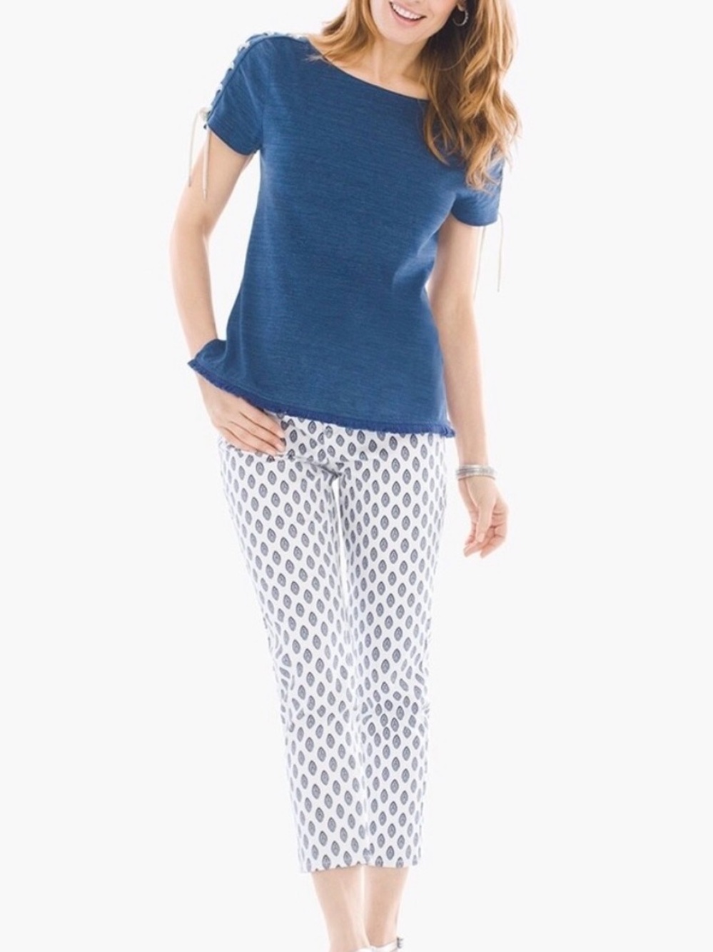 Chico's So Slimming Girlfriend Crop Pants Navy & White SoHo Paisley Print Sz 2.5